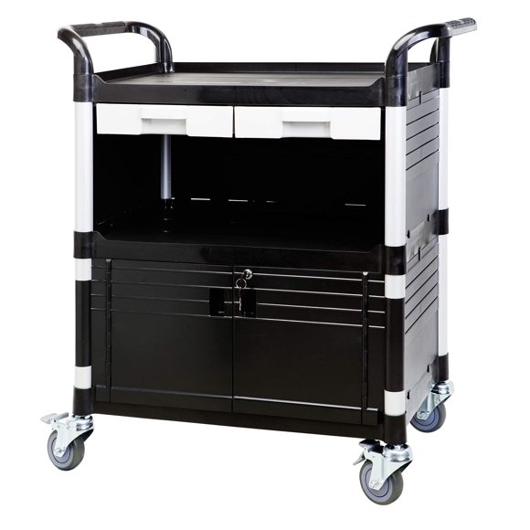 JaboEquip Chariot Utilitaire Robuste à 3 Niveaux, Chariot Médical Verrouillable, Charge de 606 Lb pour Laboratoire, Hôpital, Bureau, JB-3KD1, Noir