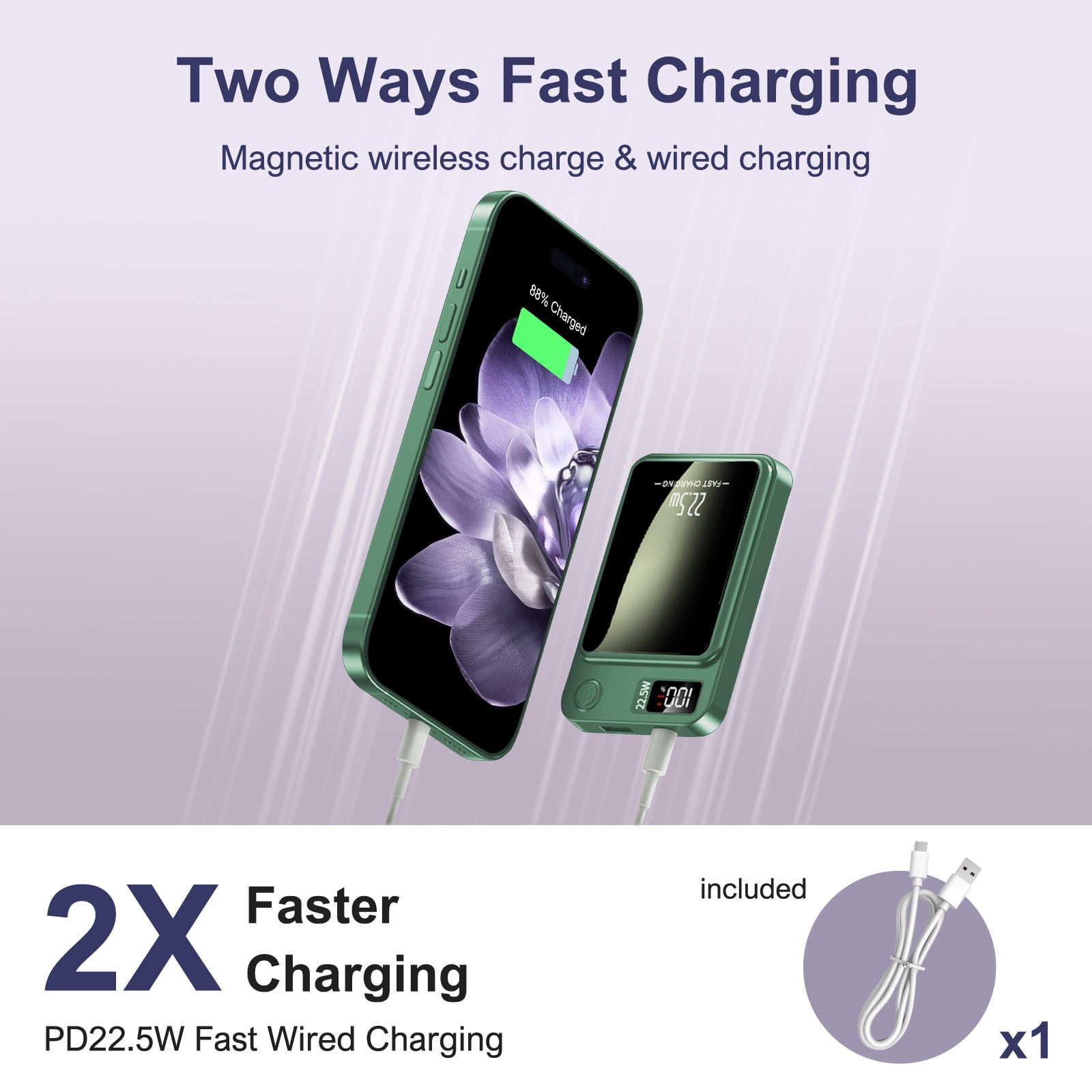 2 in 1 Magnetic Fast Charging Power Bank 5000mAh, Wireless Portable Charger 22.5W Output Smart LED Battery Indicator, Outdoor Survival Essential for iPhone,for Samsung Tablet Devices Green(2 Pack)