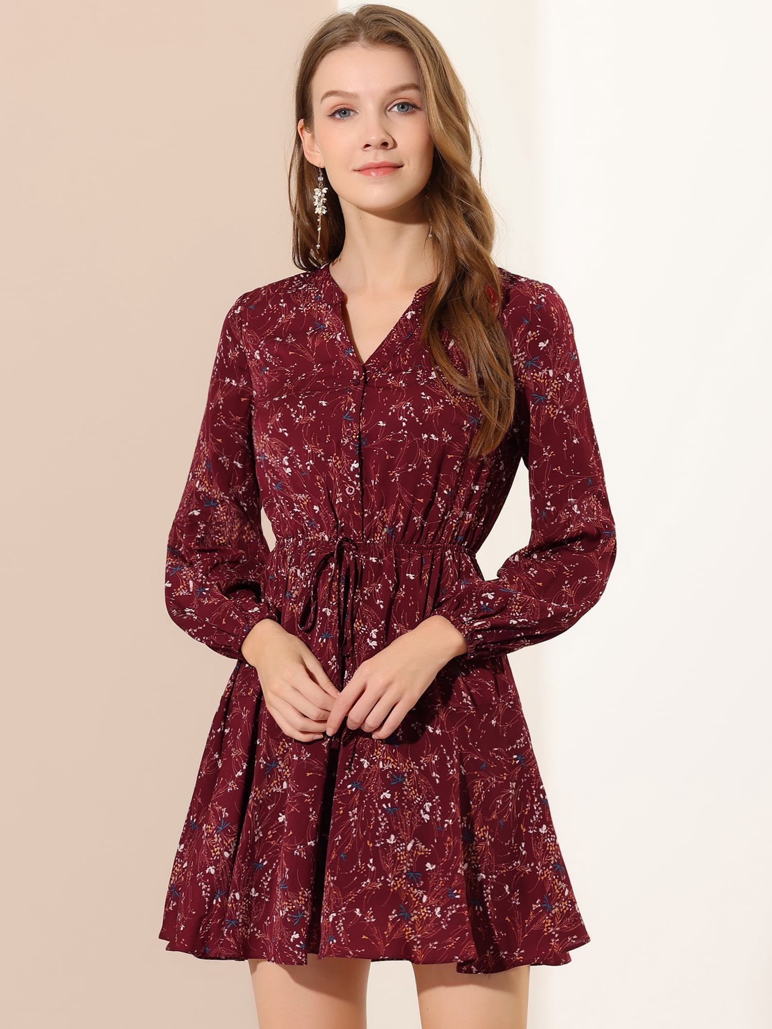 DARING DIVA V Neck Floral Print Elastic Waist Button Down Mini Dress L Burgundy
