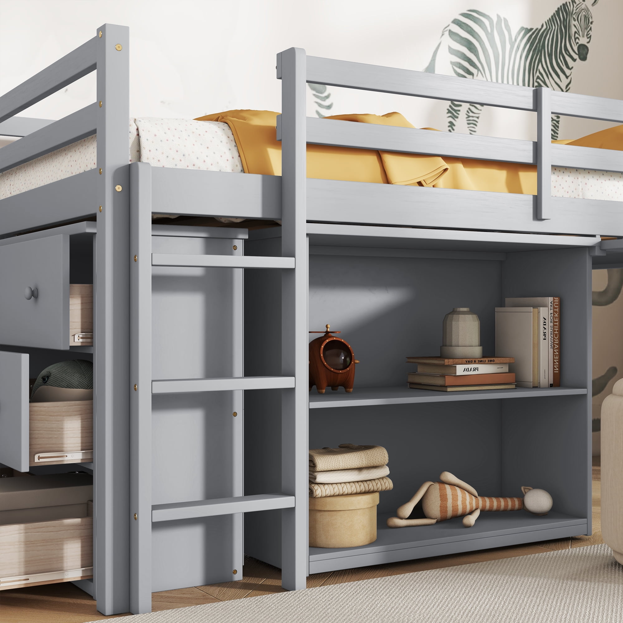 Sailvan Twin Loft Bed with Drawer Cabinet, Shelf Cabinet and Pulling Out Desk, Guardrail ,Ladder