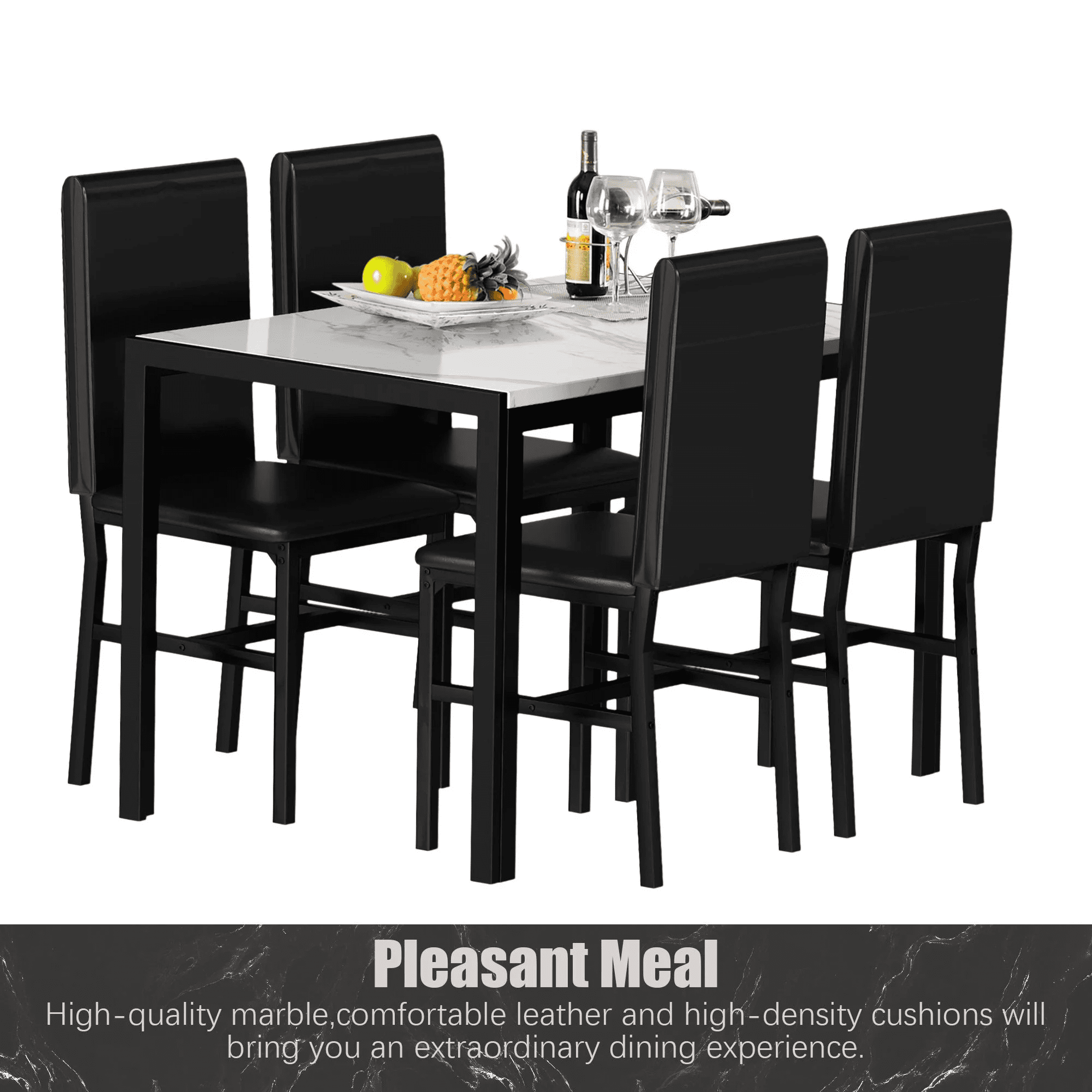 Dining Room Table Set for 4, Kitchen Table Set with 4 Upholstery Chairs, Modern Faux Marble Top Finish Dining Set for Bar, Breakfast Nook, Black