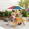 Kids Picnic Table, 3 in 1 Sand and Water Activity Table, Outdoor Wooden Convertible Picnic Table with Foldable Umbrella, 2 Play Boxes, Removable Top, Aged 3-6 Years Old, Teak