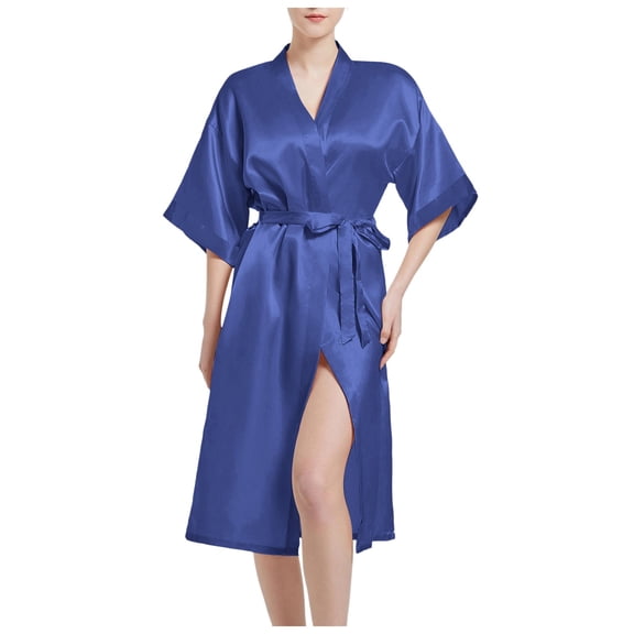 GPOECD Shower Robe Short Sleeve Satin Kimono Bridal Dressing Gown with Belt Womens Pajamas Navy,XL