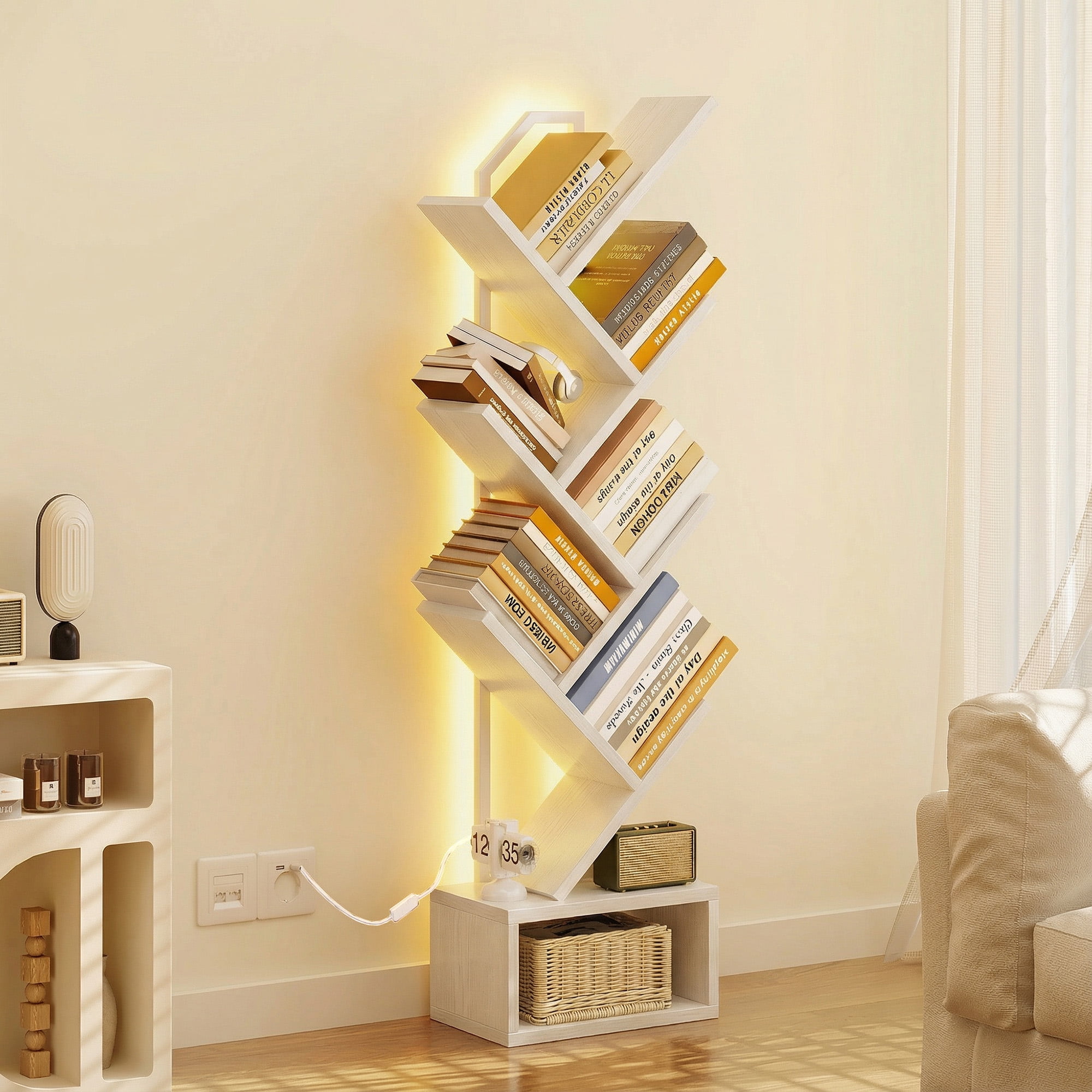 Casacomoda 6 Tier Tree Bookshelf, Bookcase with LED Lights, Display Floor Standing Storage Shelf, Book Organizer Shelves for Home Office, Living Room, White