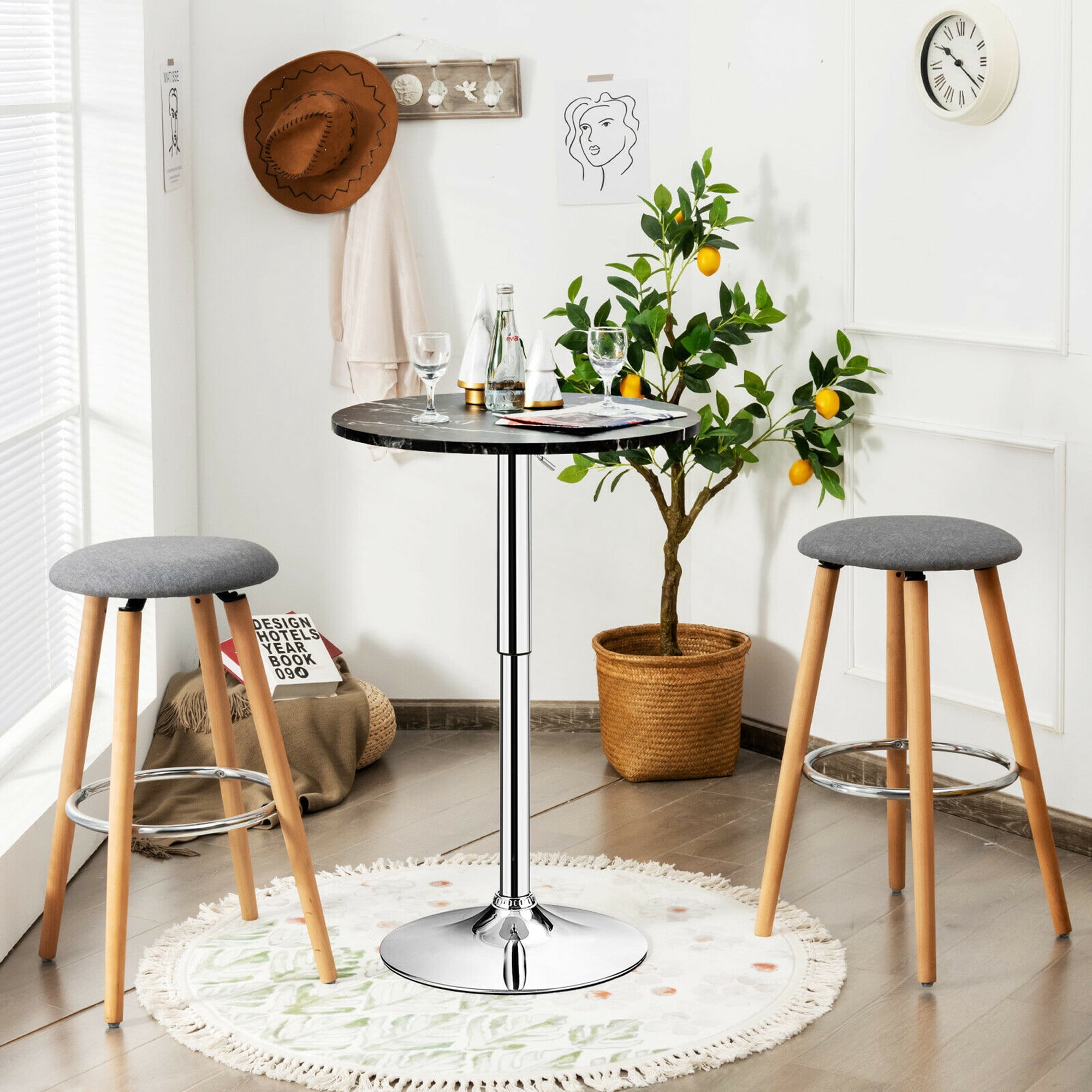 Gymax Round Swivel Adjustable Bar Table with Faux Marble Top, Black