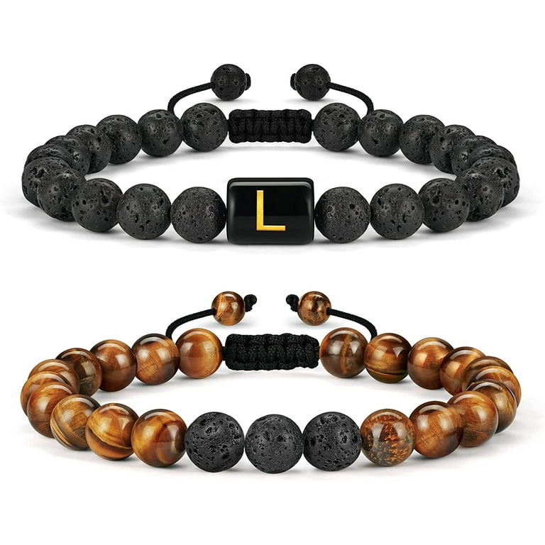 LUXEJEW Initial Beaded Bracelets for Men 8mm Tiger Eye Lava Rock