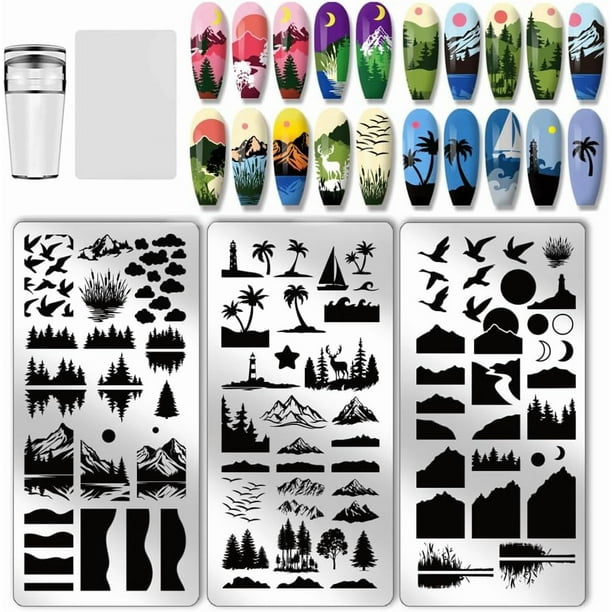 Juego de 3 placas para estampar uñas con motivos de naturaleza: plantillas para uñas con diseño de bosque, montañas y cielo nocturno. Incluye estampador y raspador.