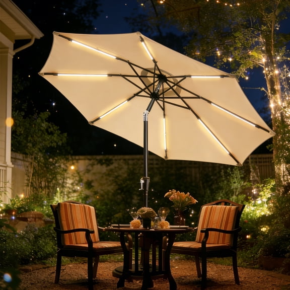 Patbrela 9FT Patio Umbrella Solar Lighted Outdoor Umbrella with LED Strips, Convenient Crank Lift System, for Beach, Gargen, Yard, Home, Pool, Beige