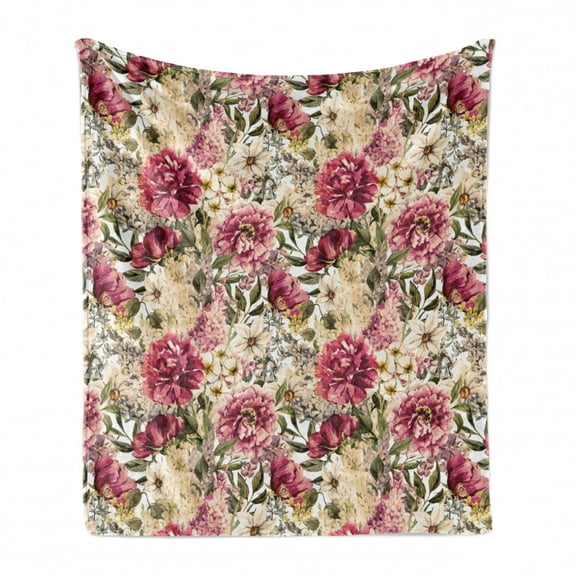 Floral Soft Flannel Fleece Throw Blanket, Vintage Peony Flowers Leaves Watercolor Look Romantic Arrangement Painting Print, Cozy Plush for Indoor and Outdoor Use, 50" x 70", Multicolor, by Ambesonne