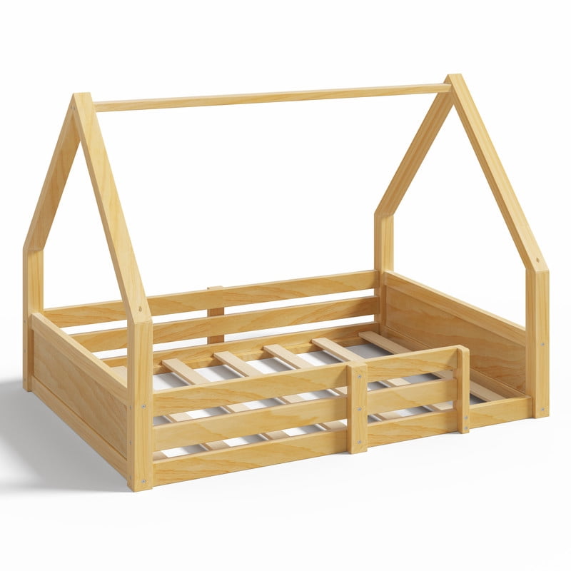 Full Size Kids House Floor Bed, Wooden Platform Bed Frame with Open Roof Frame, Child Bed with Fence Guardrails