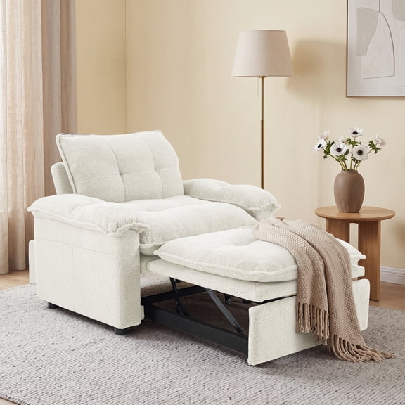 Bonzy Home 3-in-1 Pull Out Sofa Bed Chair, Soft Fabric Convertible Design with Side Storage, White