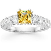 Yellow CZ Sterling Silver Princess Center Ring, Size 7
