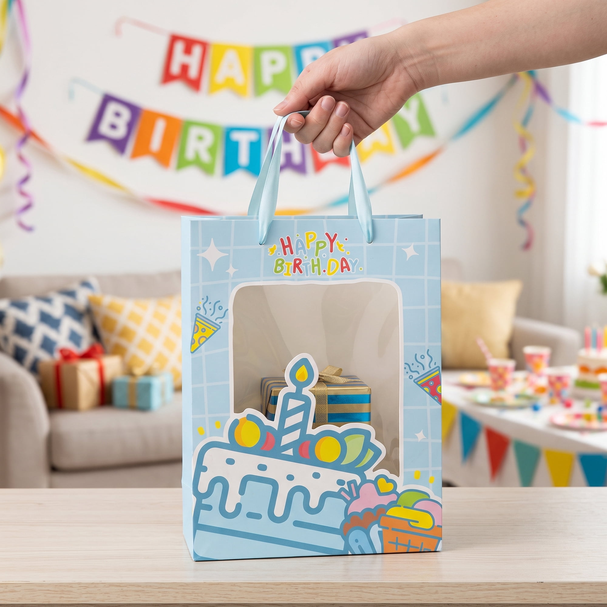 Unique Bargains 6Pcs Colorful Cartoon Gift Bags Blue 9.8" x 4.7" x 13"