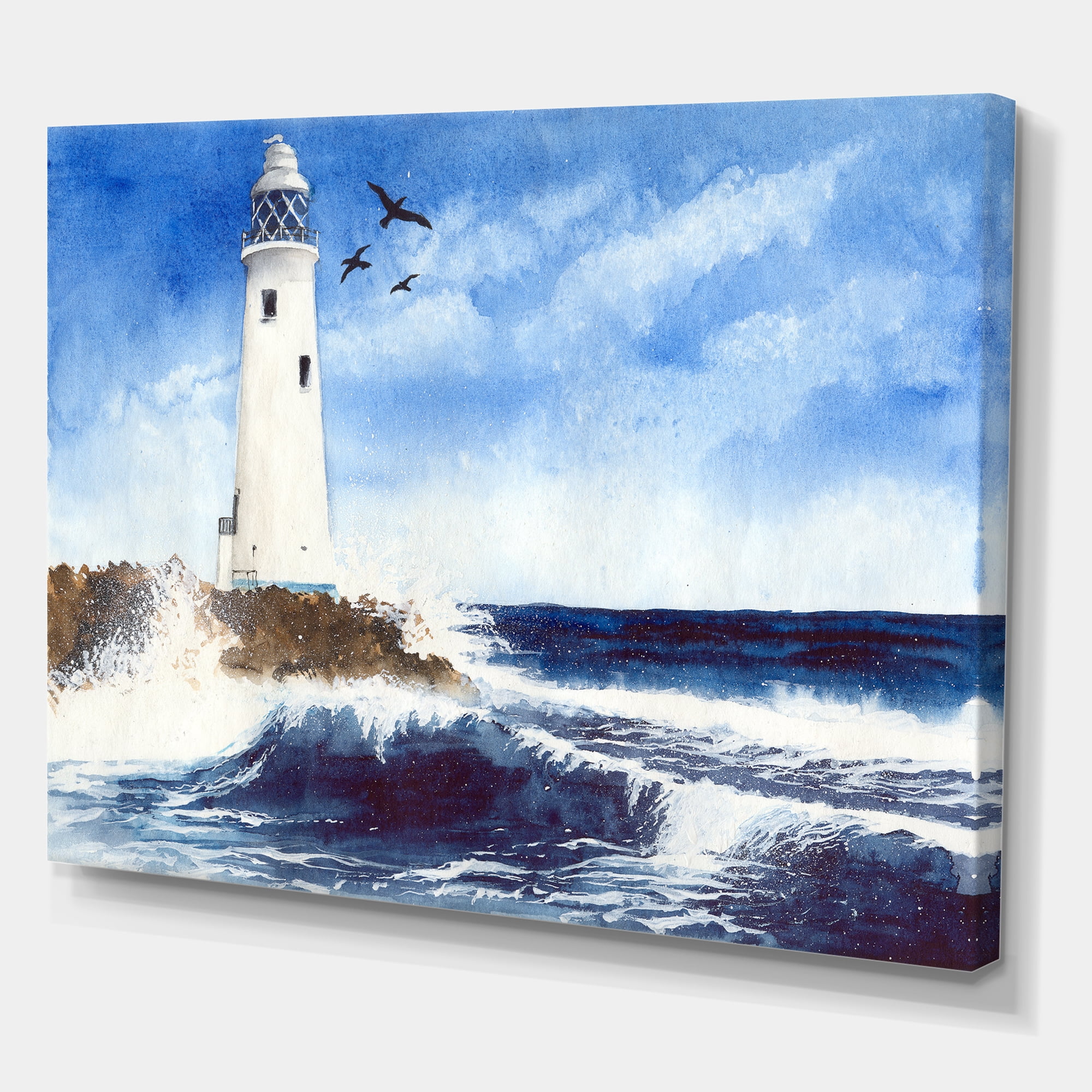 Designart ' Seagulls With Lighthouse On The Rocky Island ' Nautical & Coastal Canvas Wall Art Print