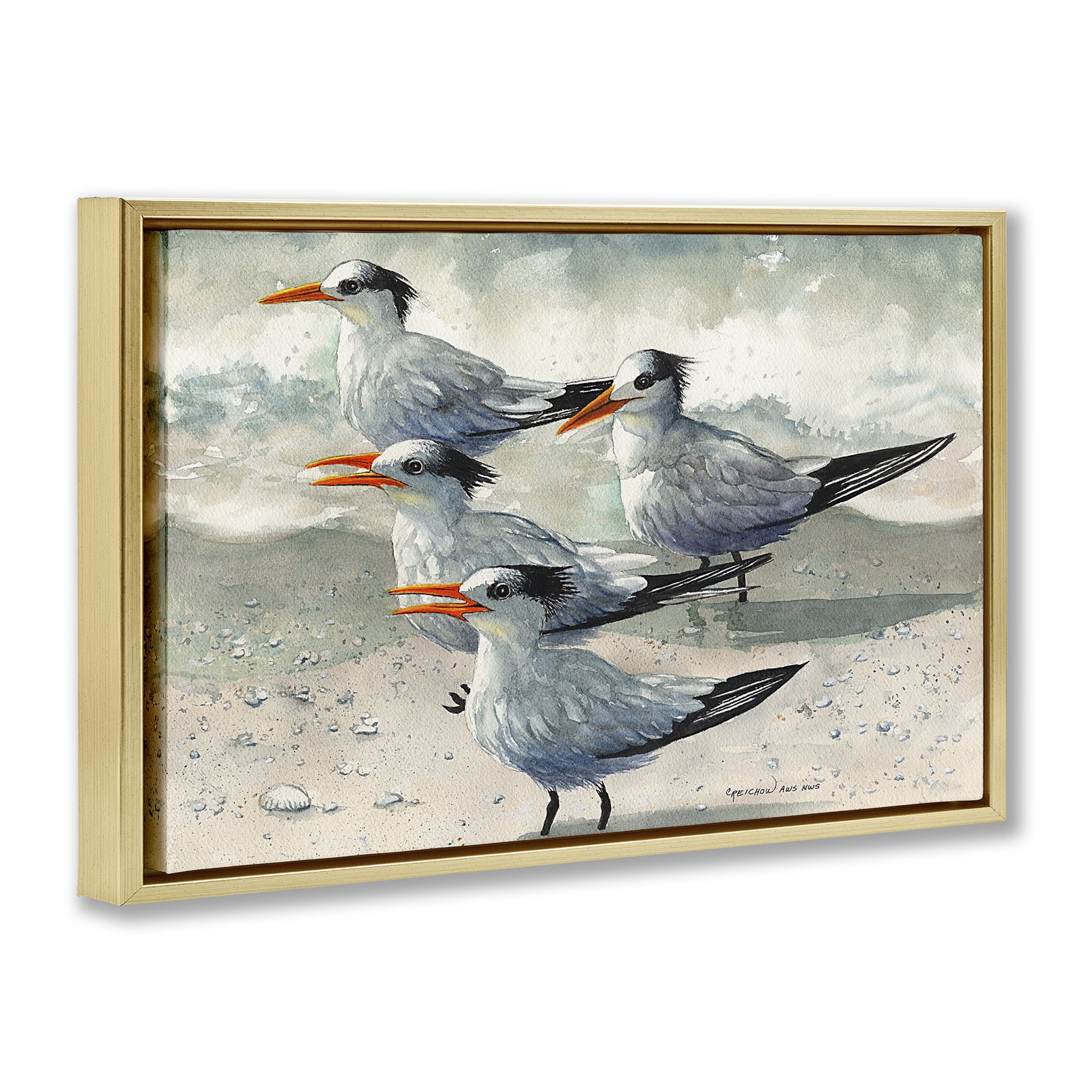 Stupell Industries Birds on Sandy Beach Animals & Insects Painting Gold Floater Framed Canvas Art Print Wall Art, 25 x 17