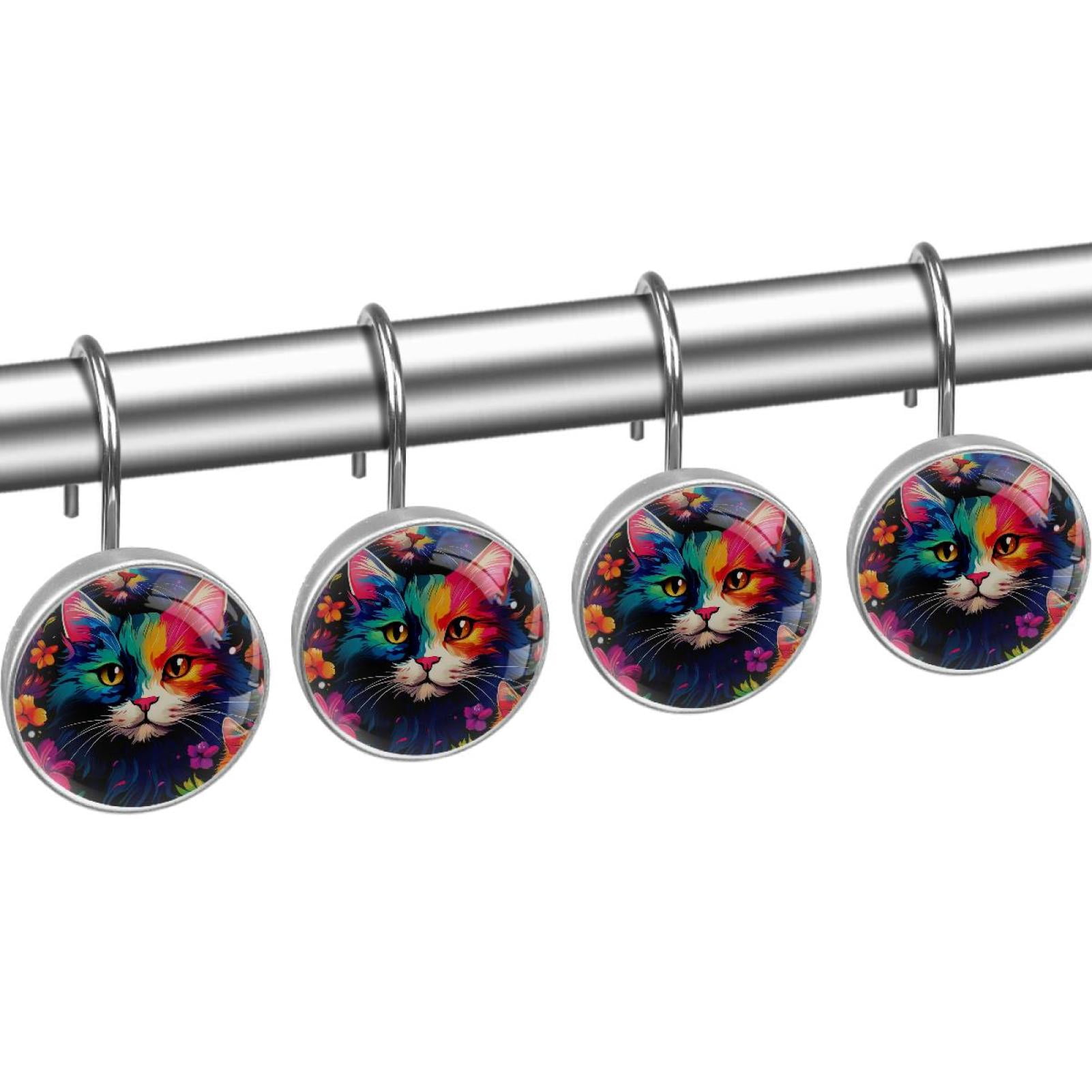 HemaKayy 12 Pcs Decorative Shower Curtain Hooks - Stainless Steel Rings for Bathroom Décor - Easy Glide & Secure Hold - Perfect Decoration for Bathroom Shower Rods - Pet Cats