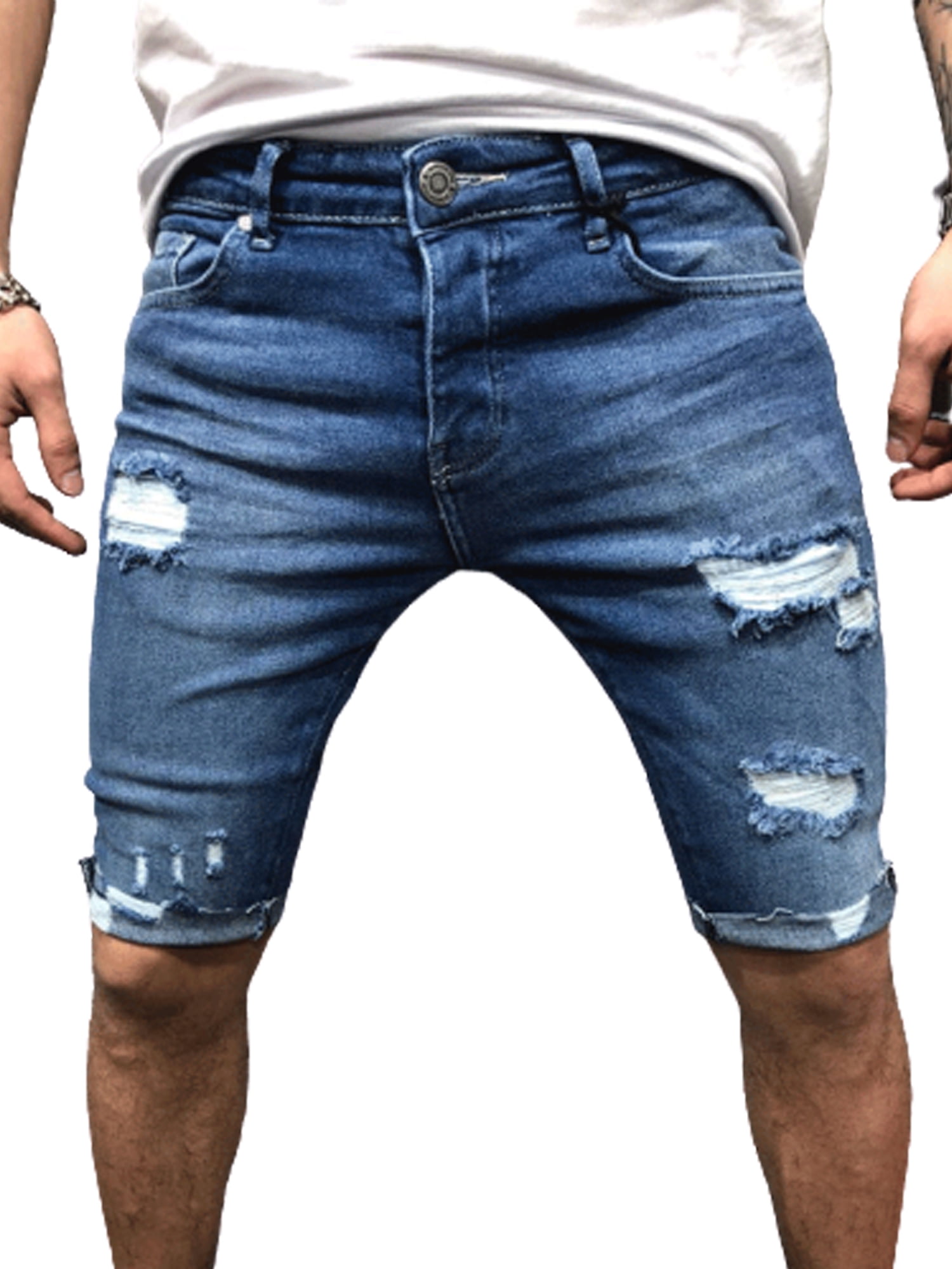 DuAnyozu Mens Denim Shorts Distressed Ripped Half Jeans Pants