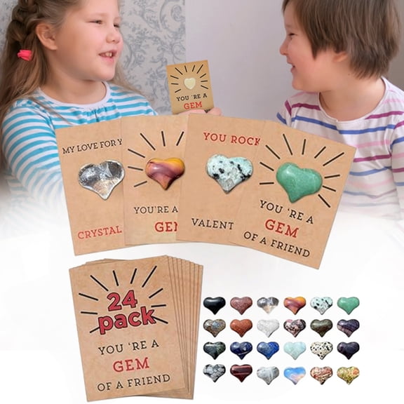 24 Pcs Acrylic Heart Shaped Rocks Gemstones with Hug Cards Set for Valentine's Day Greeting Cards Set for Boys Girls Class Classroom School Party Favor(B003)