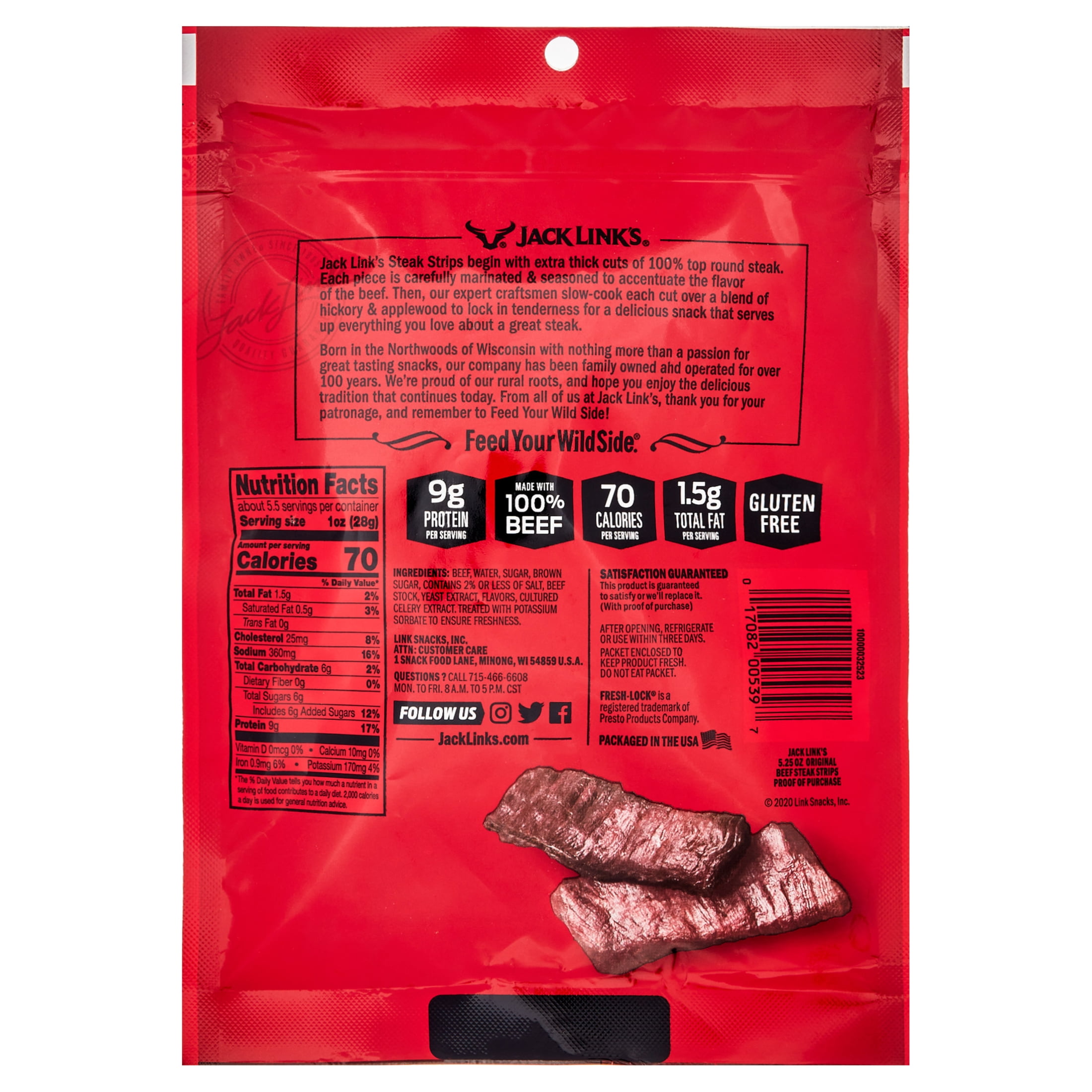 Jack Link's 100% Beef Original Steak Strip Jerky 5.25oz Resealable Bag