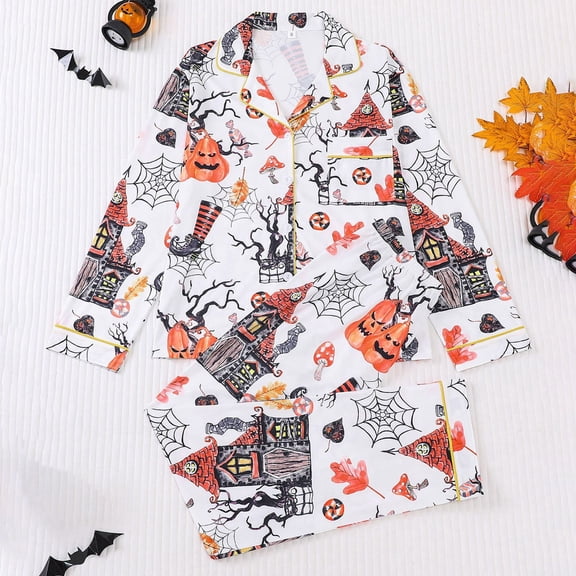 Womens Halloween Pajamas European Halloween Sleepwear Long Sleeve Top with Pants Cozy Nightwear Womens Pjs Sets White M