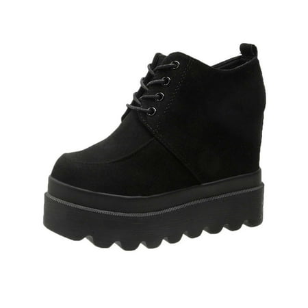 

Lovskoo 2024 Women s Wedges Shoes Winter Frosted Suede Single Shoes Lace-Up Platform Shoes Black