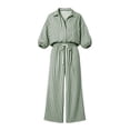 thumbnail image 5 of MaFYtyTPR Women 2 Piece Striped Outfits 3/4 Sleeve Button Down Shirt with Drawstring Wide Leg Pants Casual Comfy Two-piece Set A-Green L, 5 of 6