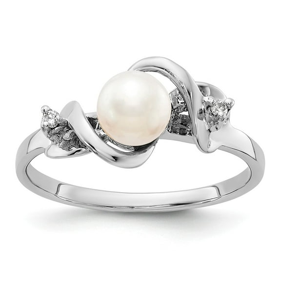 14K White Gold Ring Band Pearl Diamond Round Freshwater