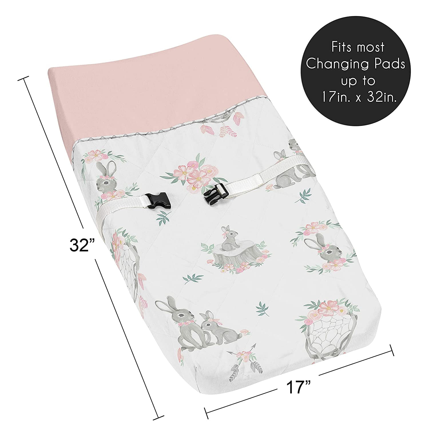 Sweet Jojo Designs Bunny Floral Pink Grey and White Changing Pad Cover