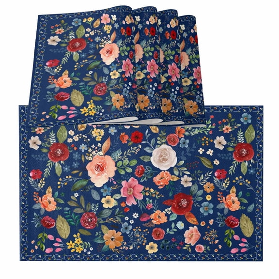 Navy Blue Flowers Placemats for Dinning Table Set of 6, Spring Vintage Floral Leaves Farmhouse Burlap Kitchen Place Mats Waterproof Cloth Table Mats, Indoor Outdoor Placemats Easy Clean Dinner Decor