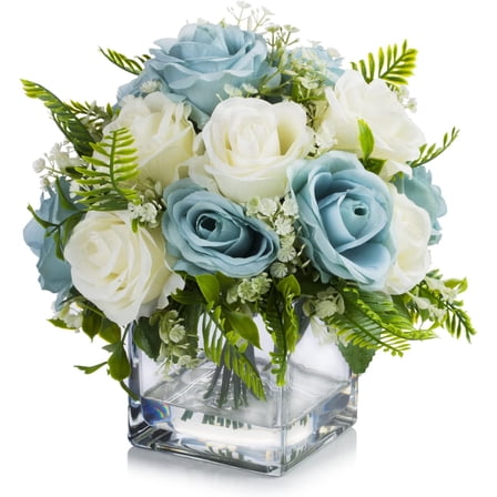Enova Floral Mixed Blue and Cream Artificial Silk Roses Faux Flowers Arrangement in Cube Glass Vase for Home Wedding Decoration