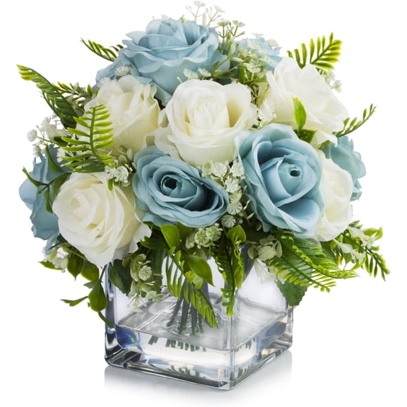 Enova Floral Mixed Blue and Cream Artificial Silk Roses Faux Flowers Arrangement in Cube Glass Vase for Home Wedding Decoration