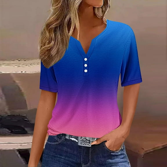Blczomt Womens Spring Tops Summer Short Sleeve T Shirts Button V Neck Gradient Blue Womens Shirts Casual