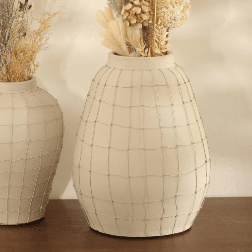 Handmade Off White Large Terracotta Vase with Wireframe Contemporary Design, Handmade-11.5X11.5X15.5"