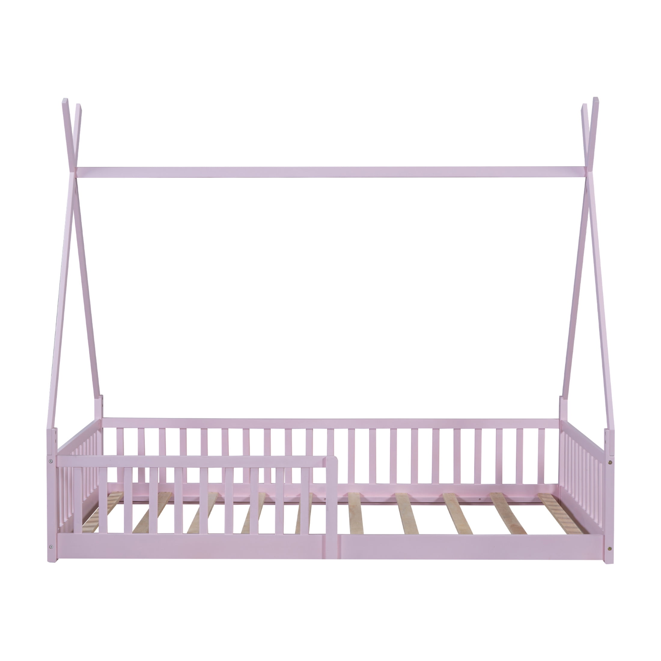 Noble House Windsor Twin Size Pine Wood House Bed with Fence, Distressed Washed Frame with Sky Roof, Pink