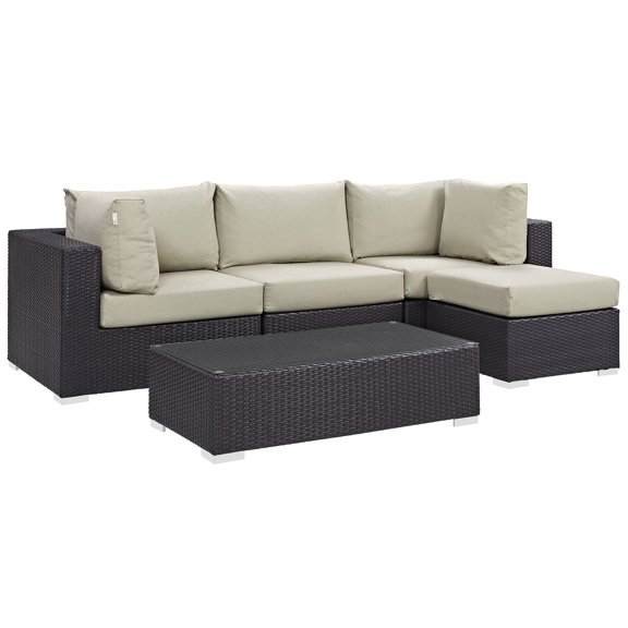 Modern Contemporary Urban Design Outdoor Patio Balcony Five PCS Sectional Sofa Set, Beige, Rattan