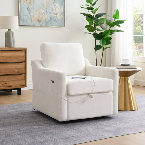 Swivel Arm Chair with Charging Station and Book Pocket, Comfy Accent Chair with Soft Chenille Fabric and Storage for Living Room. Bedroom .Reading Waitingroom, White