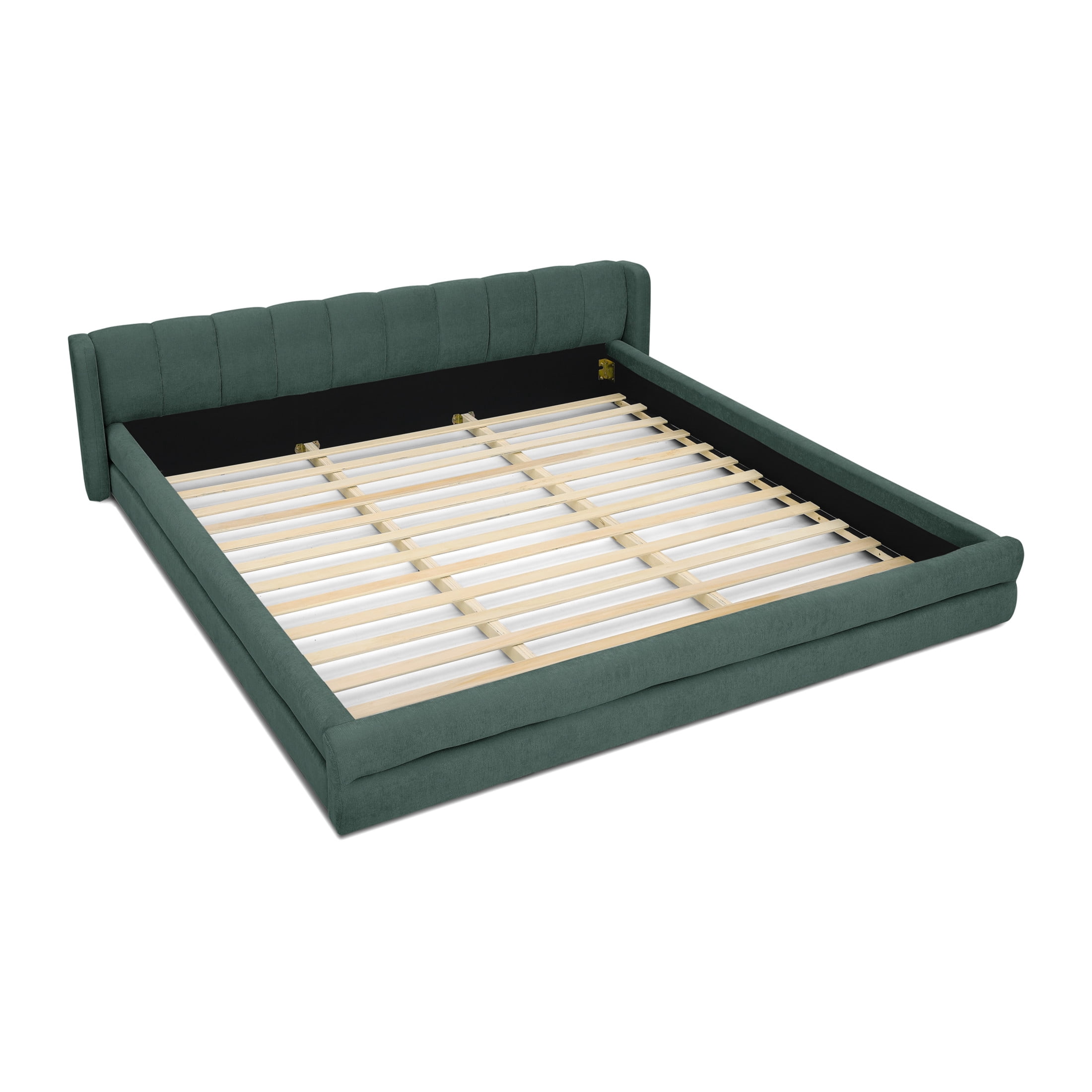Noble House Heliox Modern King Size Grounded Bed Frame, Chenille Upholstered Platform Bed with Headboard, Blue Green