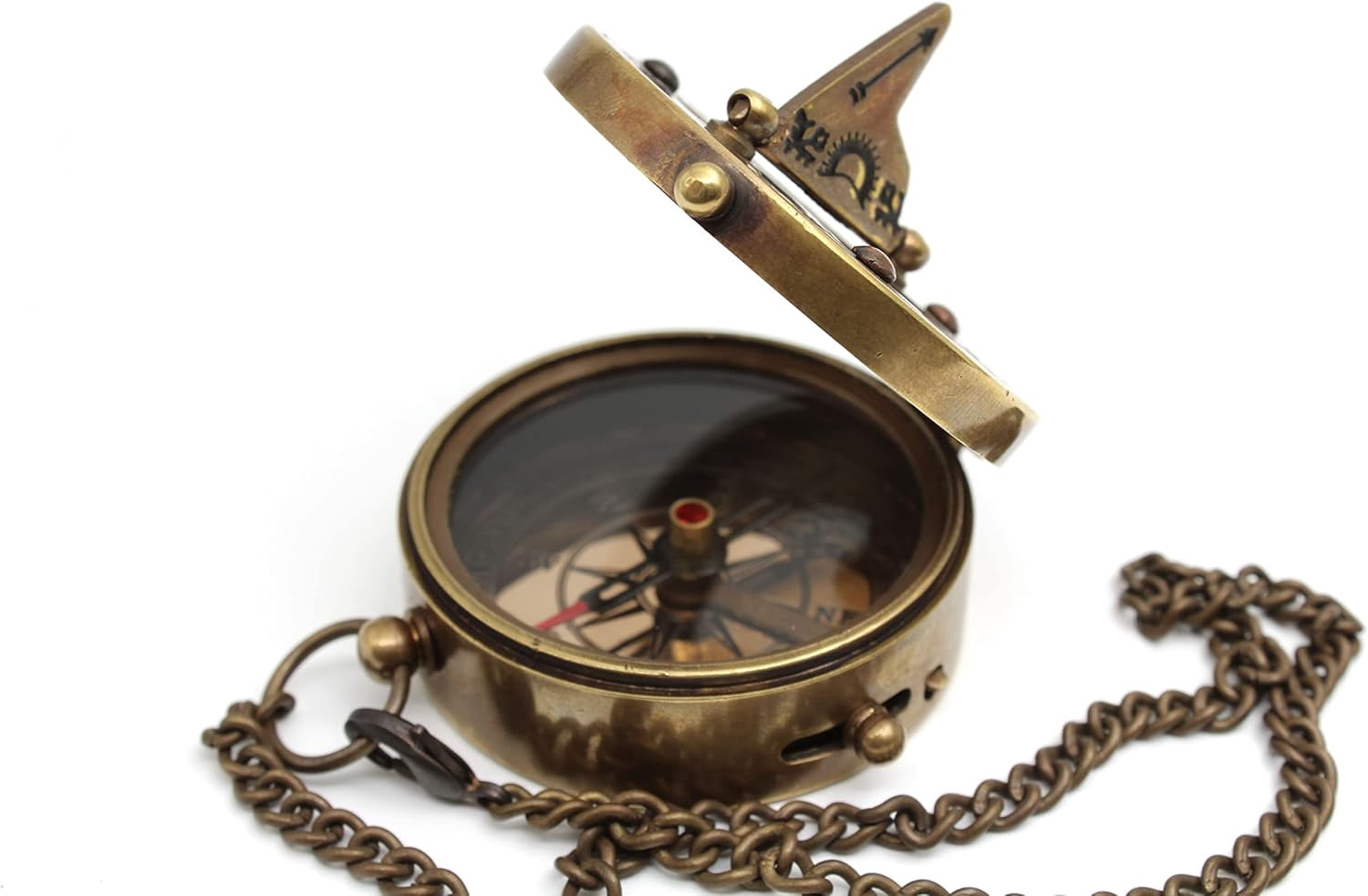 Brass Sundial Compass - Portable, Durable - Ideal for Camping, Hiking, Boating - Unique Home Decor - Jeweled Compass Needle