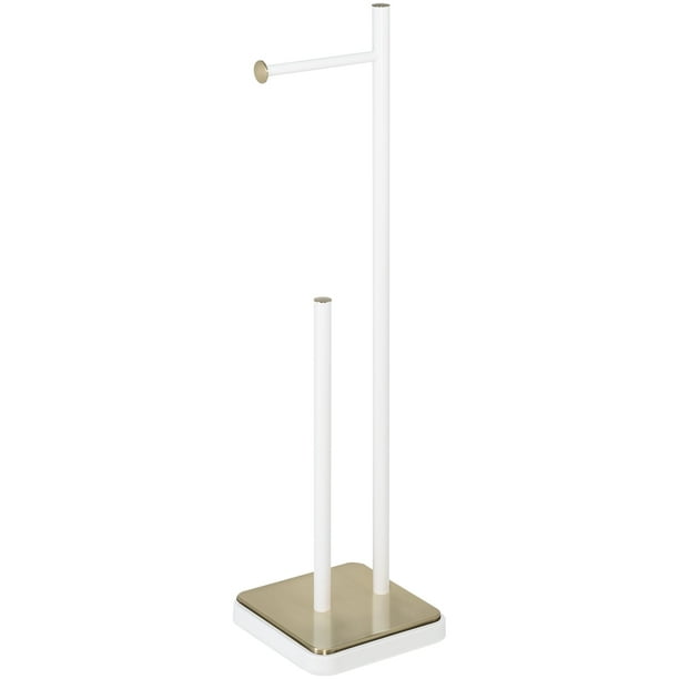 Porta rollo de papel higiénico Acento de pie 3 reservas con base de bambú y metal Blanco Mate con Dorado para baño elegante 18x18x69 cm