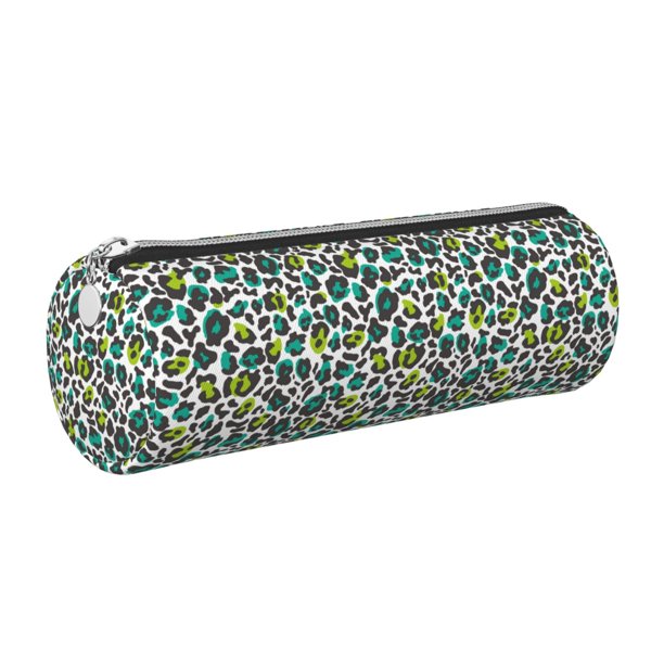 Easygdp Green Leopard para Estuche de Lápices Cilíndrico de Cuero con Cremallera, Organizador de Lápices de Cuero para Escuela, Oficina y Viajes