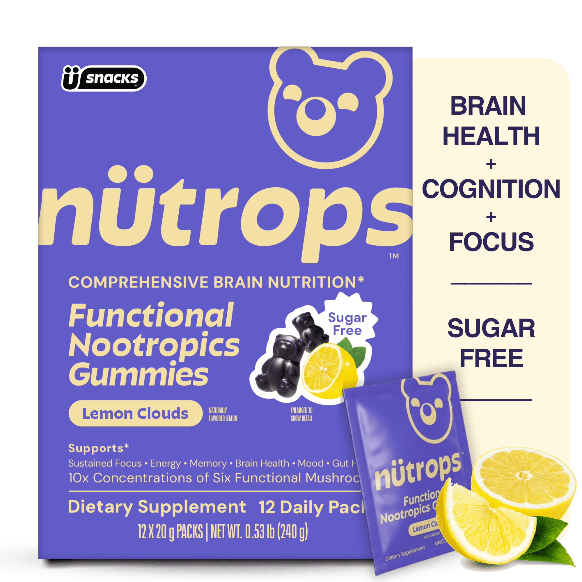 (2 pack) Nutrops by Gruns - Sugar Free Nootropic Mushroom Gummies for Cognitive Support, 12 Count