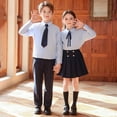 thumbnail image 4 of HAYIMI Child Girls School Uniform 2 Piece Outfit Set, Long Sleeve Collared Shirt with Bow Tie, Double Button Pleated Skirt Kids Academy Style Daily Clothes Clothing Sets , Navy, 4 of 8