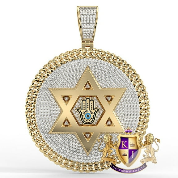 28  Grams Big 3'' Real Genuine 5.50 Cwt. VVS/1 MOISSANITE Diamond Star Of David Hamsa Hand Evil Eye Pendant 10K Gold Finish Charm Medallion