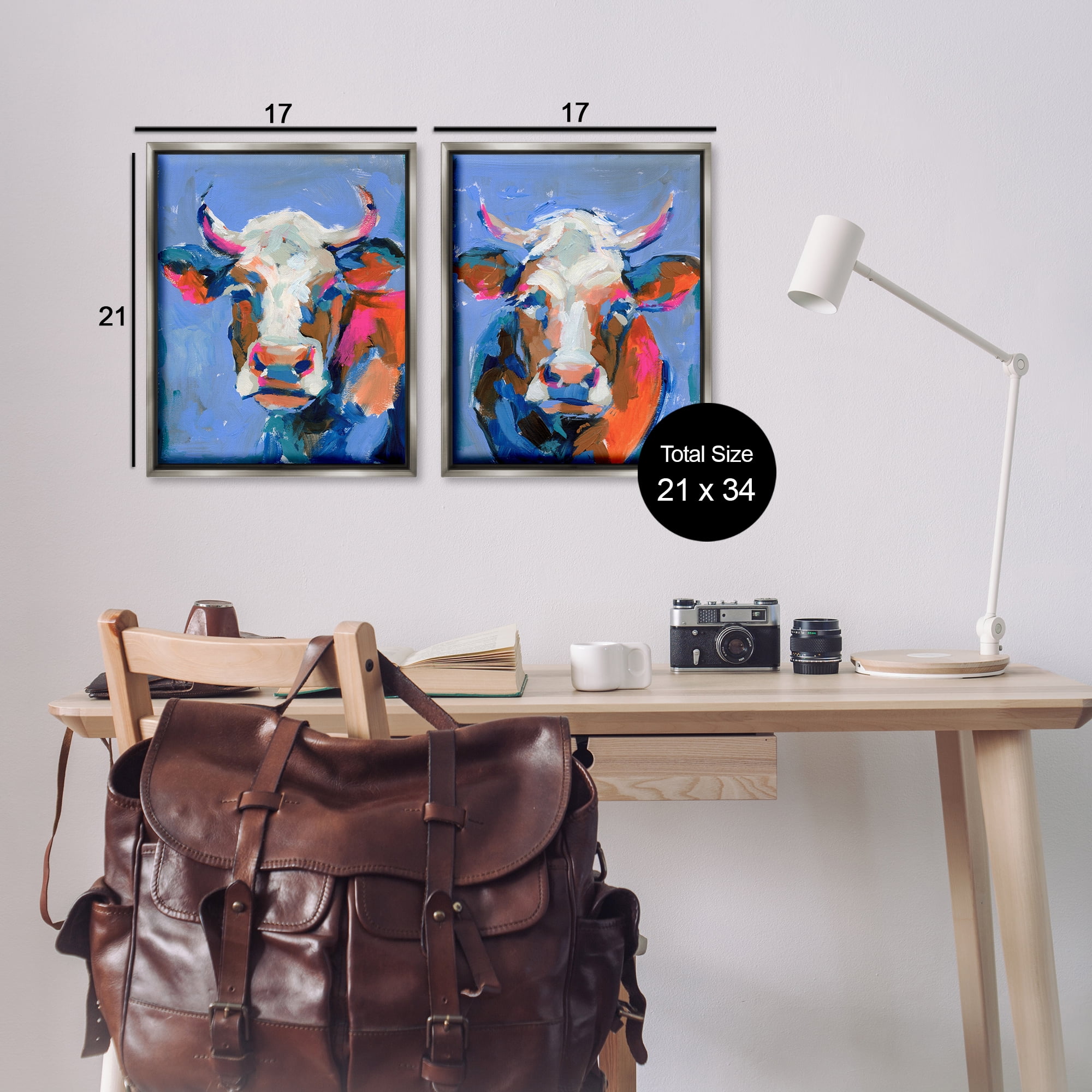 Stupell Industries Guernsey Cow Horned Portrait Animals Painting Gray Floater Framed Canvas Art Print Wall Art, 17 x 21, Set of 2