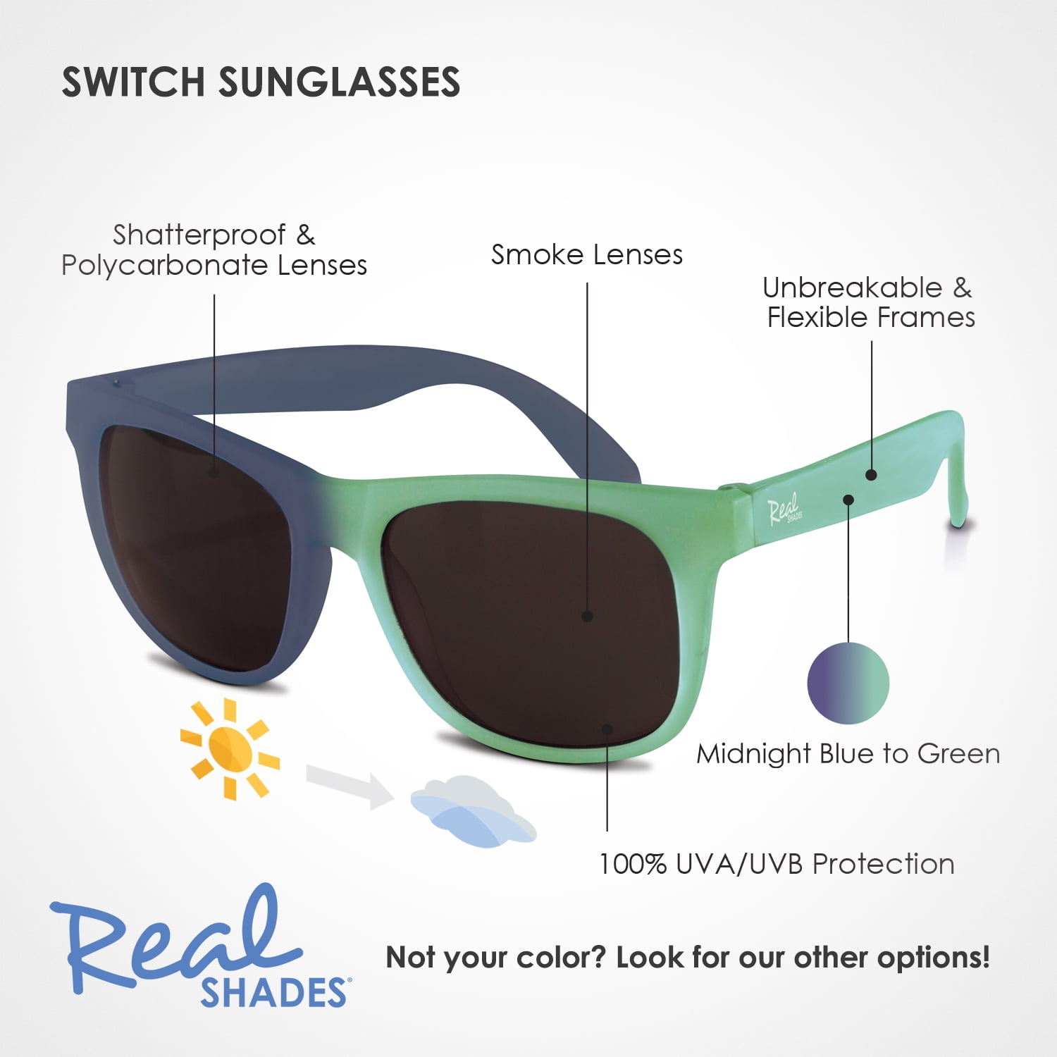 Real Shades Kids Switch Unbreakable Color Changing Sunglasses, Green/Midnight Blue, Toddler Age 2+