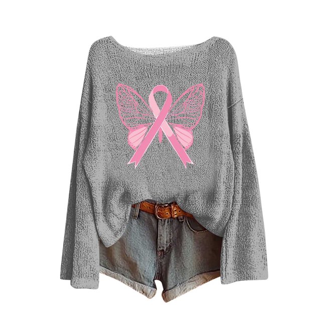 Birdeem Chandail pour Femmes, Journée de Sensibilisation au Cancer du Sein Imprimé Col Rond Manches Longues Mode Haut, Pulls pour Femmes, Longs Pulls pour Femmes