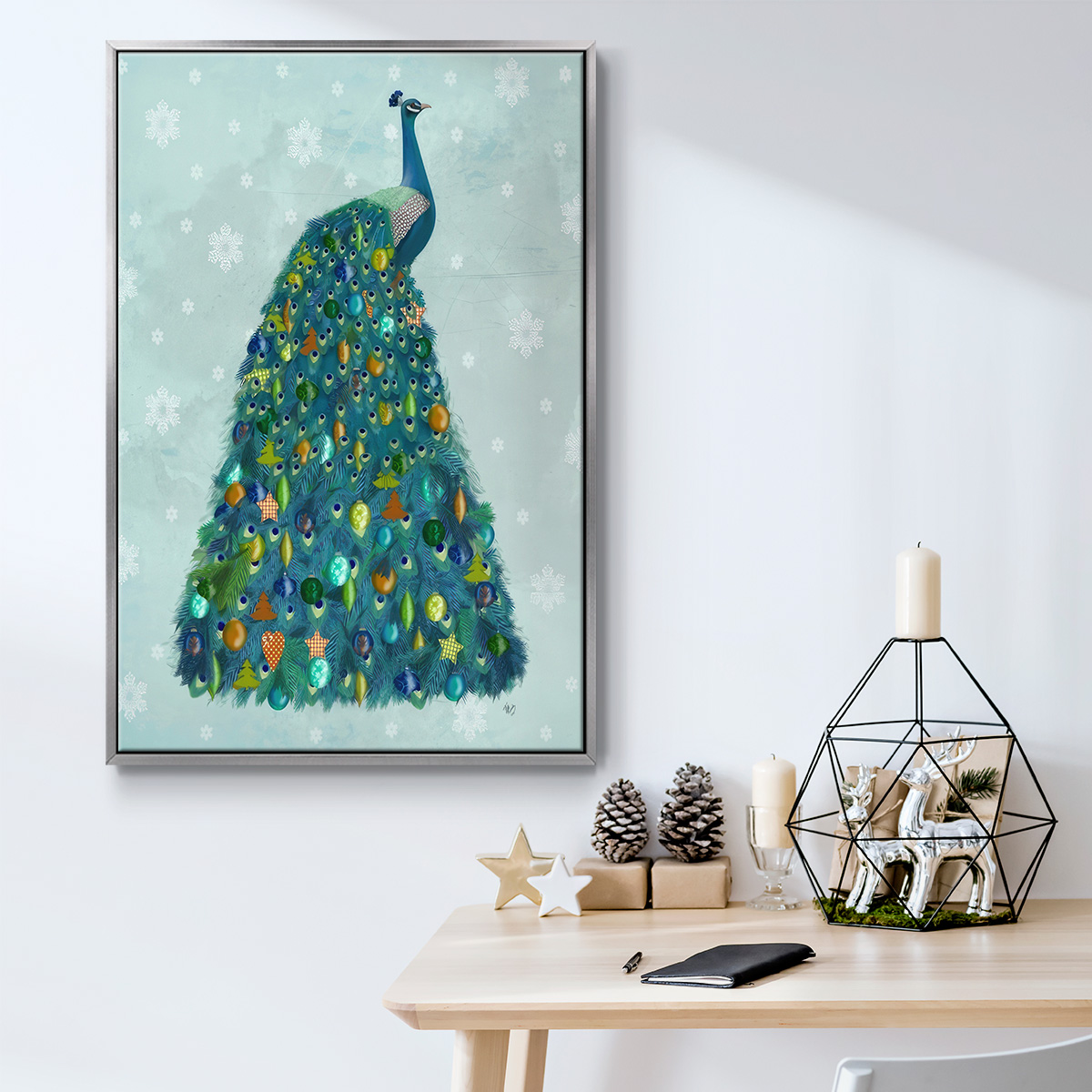 Christmas Peacock Christmas Tree - Framed Gallery Wrapped Holiday Canvas - 17 x 25 - Silver Frame
