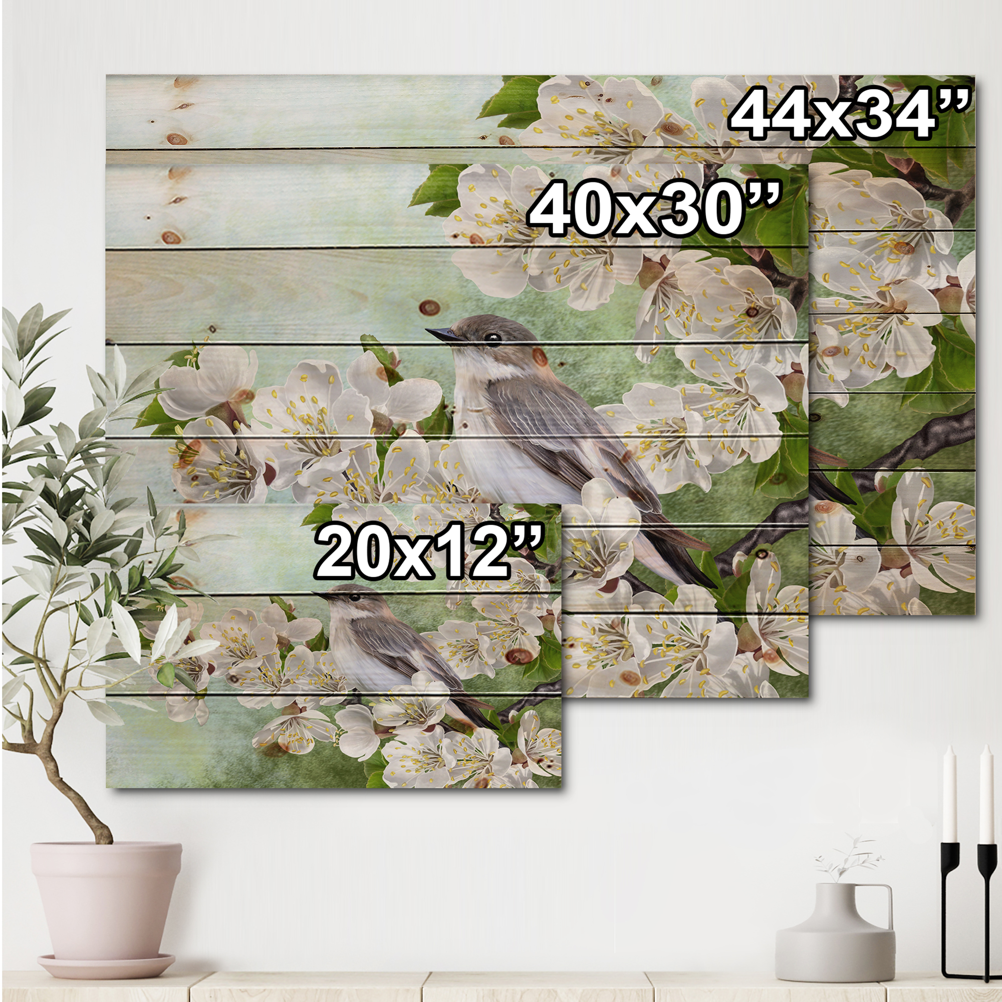 Designart 'Gray Bird Sitting On A Branch of A Blossoming Tree' Traditional Print on Natural Pine Wood