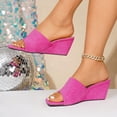 thumbnail image 5 of Women's Suede Wedge Slides Plus Size Square Open Toe Slip on Sandals Summer Solid Color Comfortable Footwear for Casual & Outdoor Hot Pink 9.5(43), 5 of 9