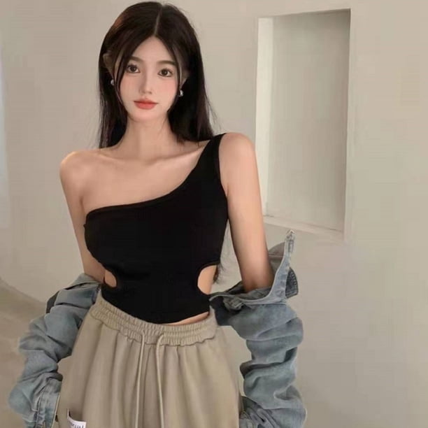 VISgogo Mujeres Un Hombro Crop Tops, Acanalado Color Sólido Recorte Cintura Slim Fit Sin Mangas Chaleco Camisola VISgogo moda